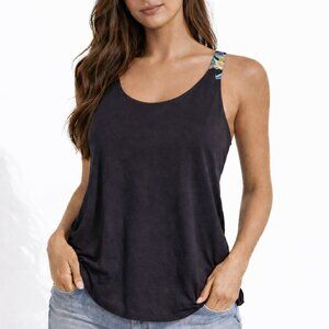 Women's Crown & Ivy Tankini Top Cross Fruit Black Dot Print Swimwear Round Neck